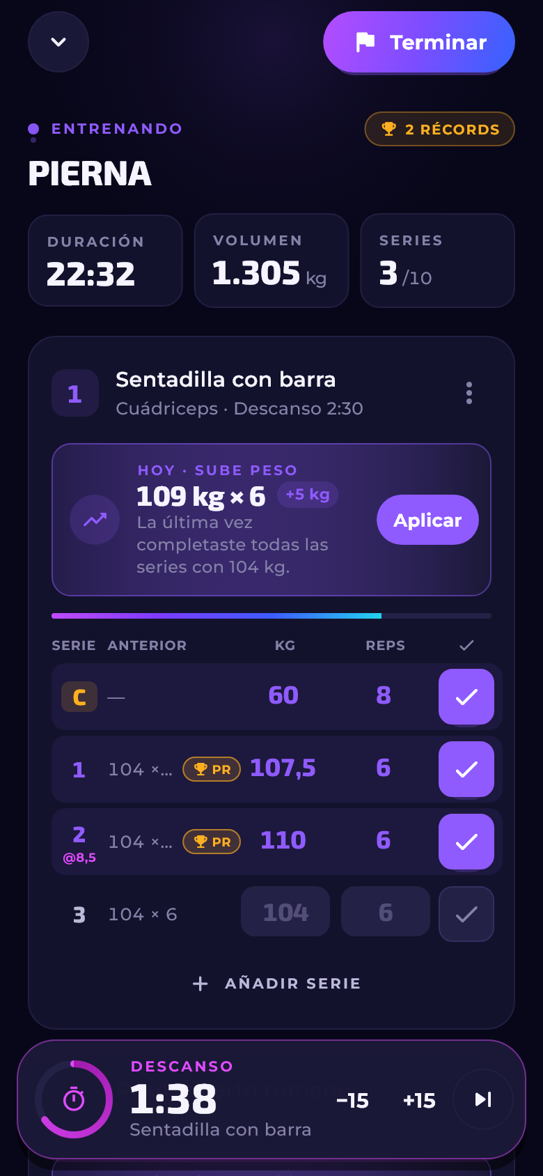 Entreno de pierna en marcha con dos récords, la sugerencia de subir peso y el descanso contando