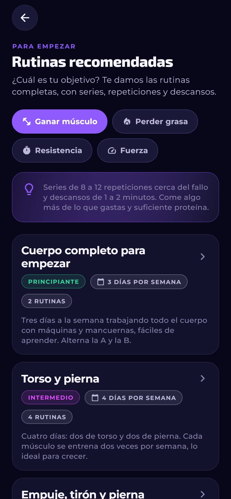 Rutinas recomendadas para ganar músculo, perder grasa, resistencia y fuerza